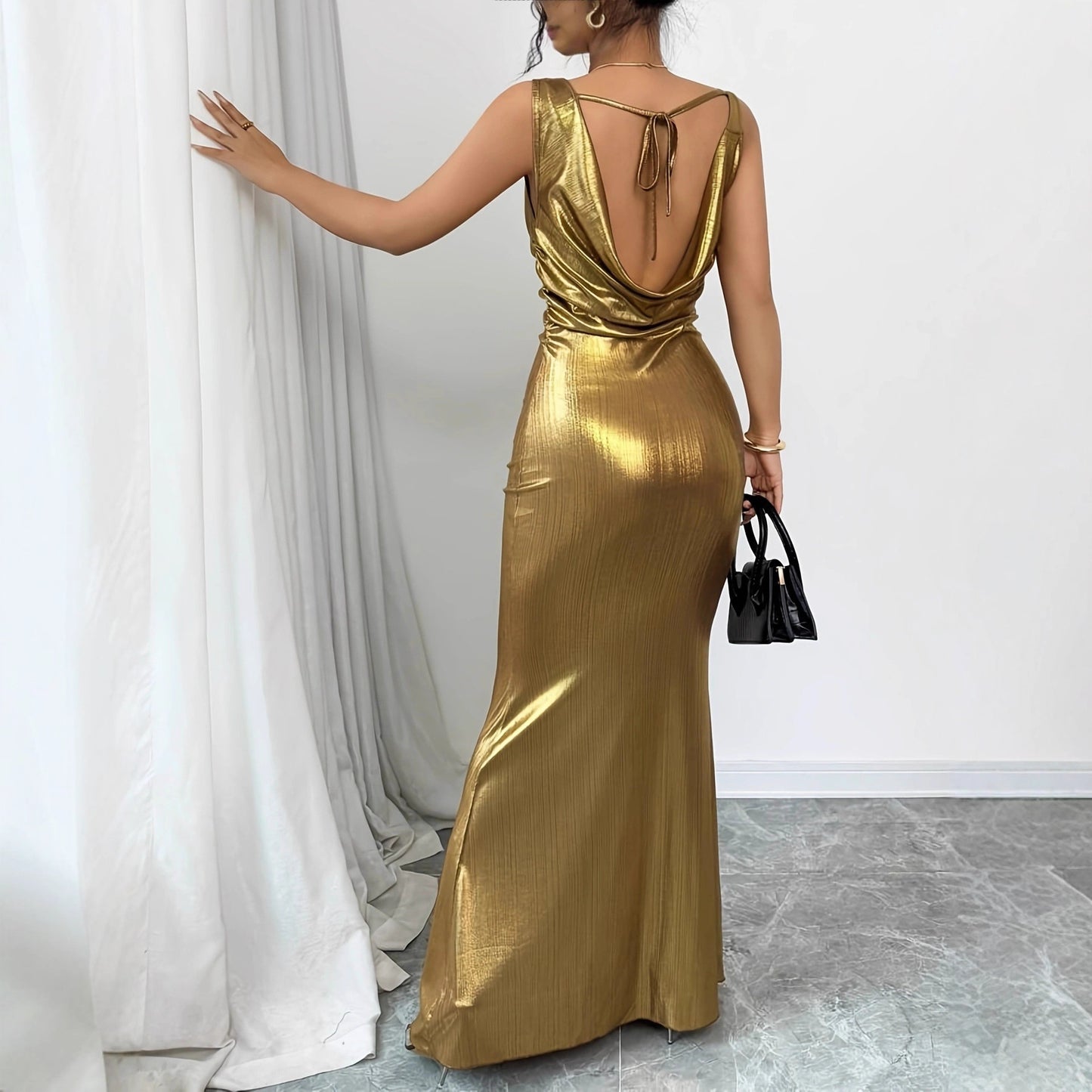 American Gold Deep V-neck Backless Slim Fit Long Dress