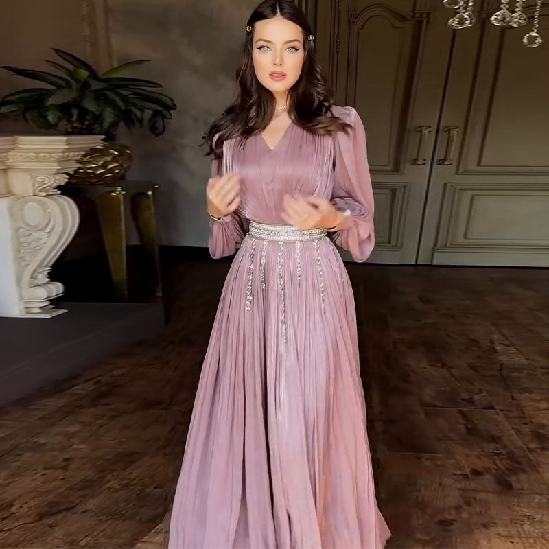 Fashion V-neck Pleated Tulle Long Sleeve Big Hem Dress SuzyFlo