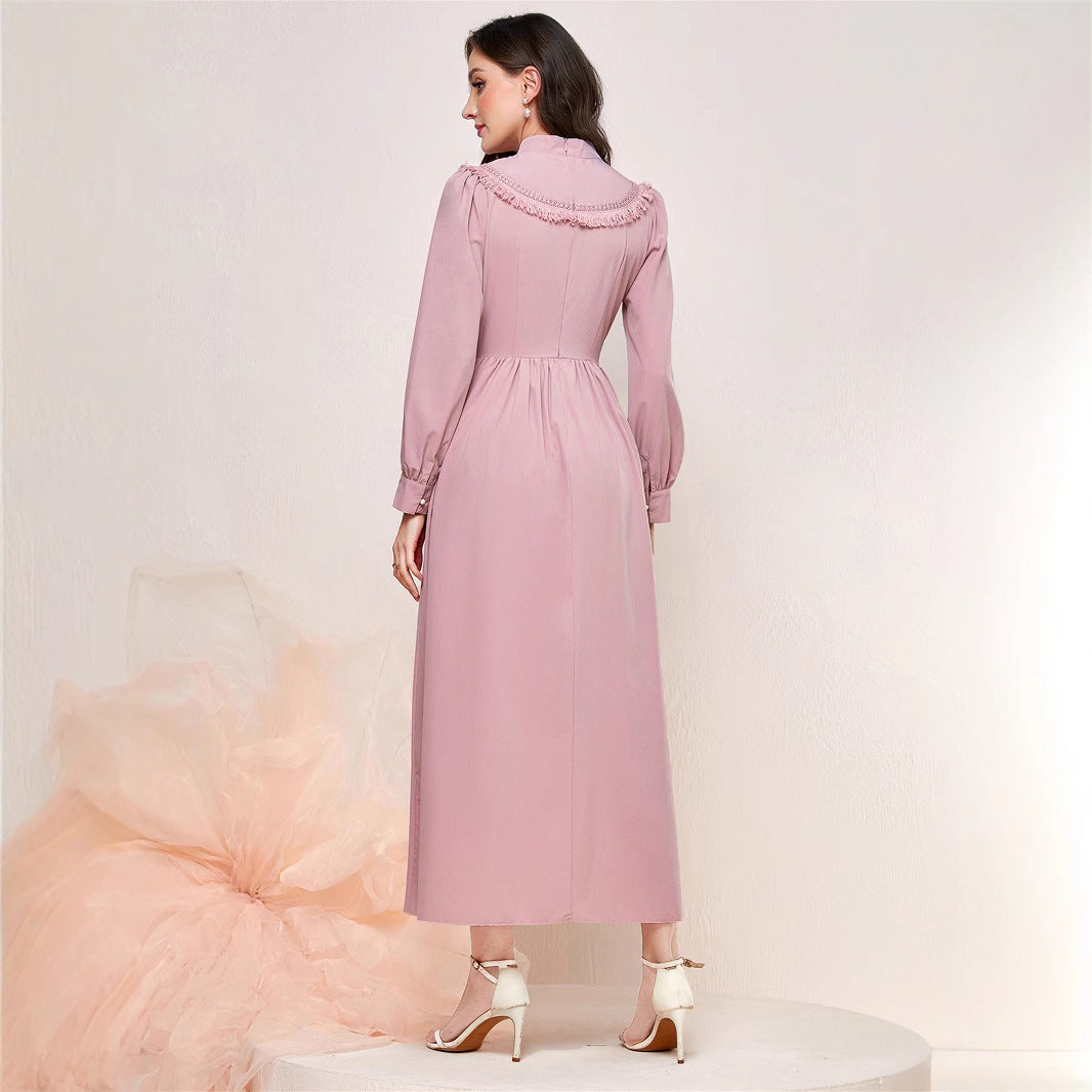Tassel Stitching Mid-waist Stand Collar Fashion Elegant Dress