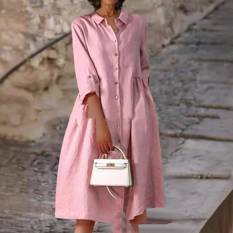Pure Cotton And Linen Solid Color Loose Pocket Dress