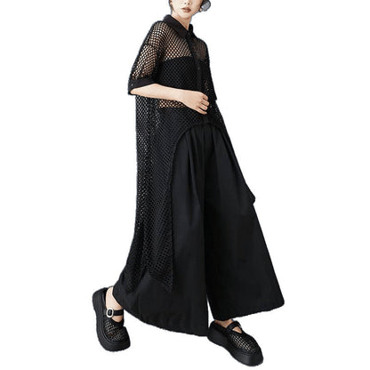 Niche Design Front Short Back Long Mesh Shirt See-through Hollow Dress