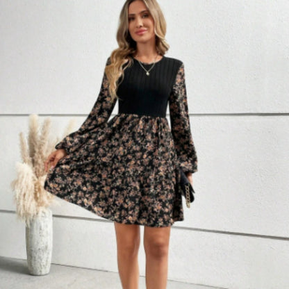 Women's Fashion Slim Round Neck Floral Long Sleeve Dress