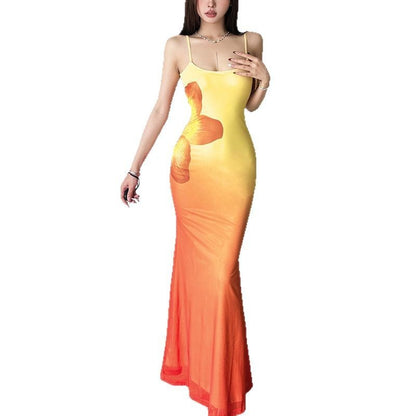 Pure Desire Wind Three-dimensional Gradient Flower Fishtail Sheath Dress