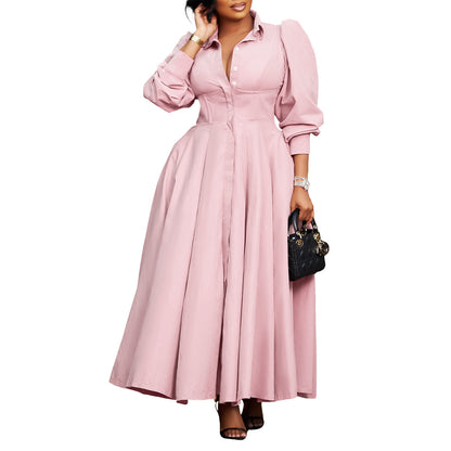 Women's Elegant Long Sleeve Big Hem Shirt Solid Color Dress