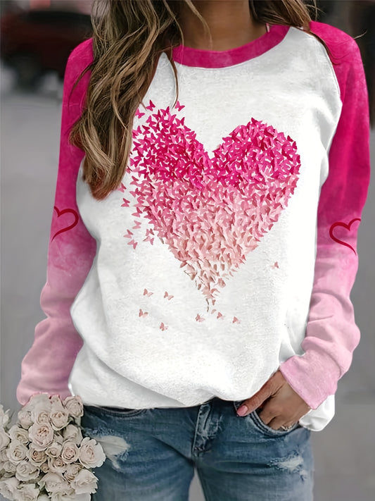 Cozy Heart Print Crew Neck Pullover Sweatshirt - Soft Micro Elastic Polyester, Random Heart Pattern, Machine Washable, Casual Long Sleeve Womens Clothing for Fall/Winter Season