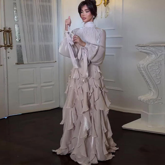 Elegant Pleated Ruffled Slim Fit Dress
