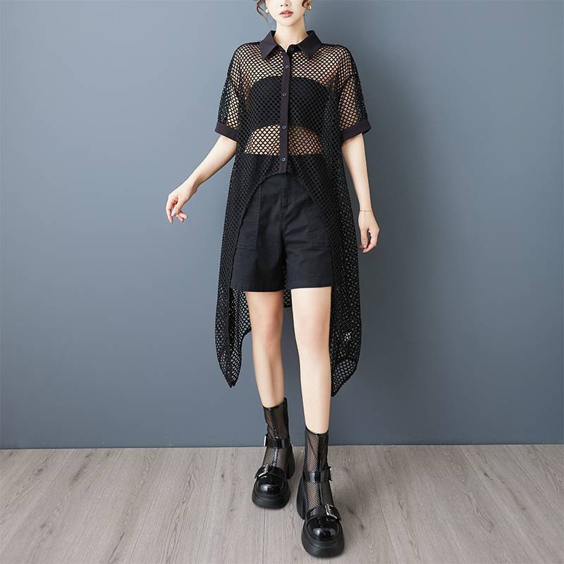 Niche Design Front Short Back Long Mesh Shirt See-through Hollow Dress