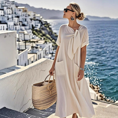 Elegant Short Sleeve Bow Pocket Wide Hem Loose Long Dress