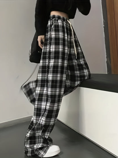 Stylish Plaid Drawstring Pants - Comfortable Loose Fit for Spring & Fall - Adjustable Waist, Versatile Womens Clothing