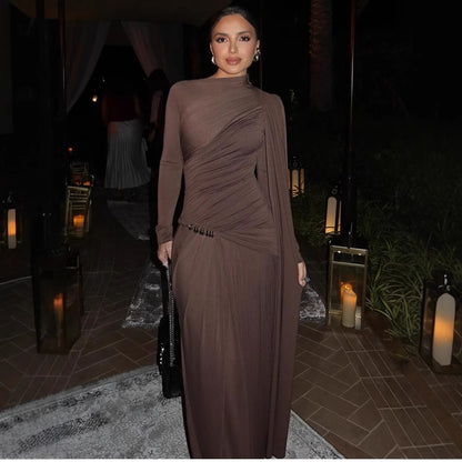 Solid Color Slim Fit Pleated Long Sleeve Dress