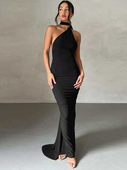 Women's Fashion Plain Sling Collar Tight Dress