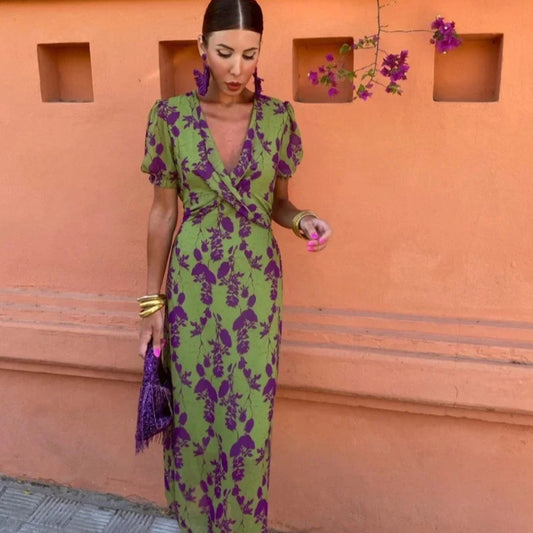 Top Selling V-neck Short Sleeved Dress - Floral Print Pleated Detail Women's Casual Summer Dress