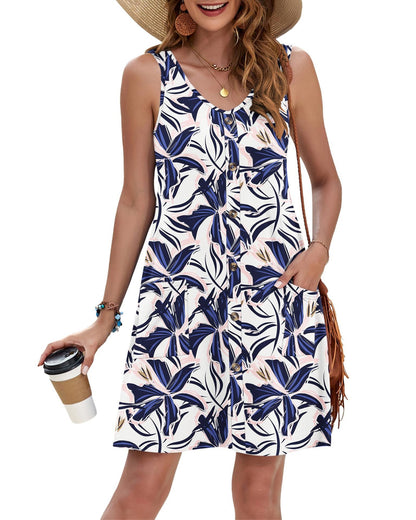 Beach Print Button Pocket Casual Sleeveless Women's Dress