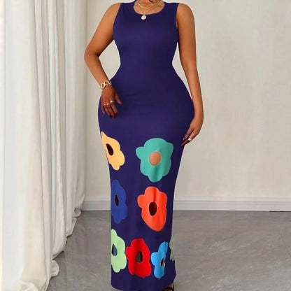 Summer New Fashion Round Neck Sleeveless Printed Hollow Dress Women