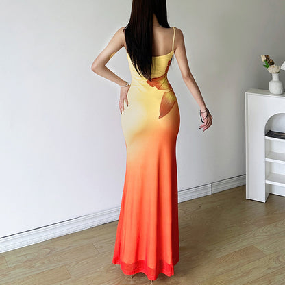 Pure Desire Wind Three-dimensional Gradient Flower Fishtail Sheath Dress