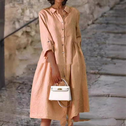 Pure Cotton And Linen Solid Color Loose Pocket Dress