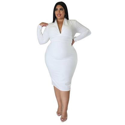 Fashion Casual Solid Color Long Sleeve Zipper V-neck Dress