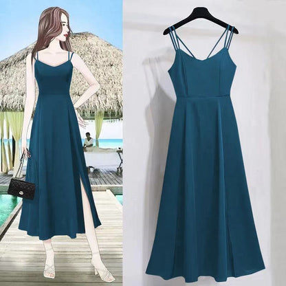Women's Sexy Slit Mid-length Korean Style Fashion Suspenders Dress
