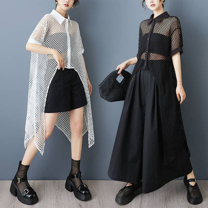 Niche Design Front Short Back Long Mesh Shirt See-through Hollow Dress