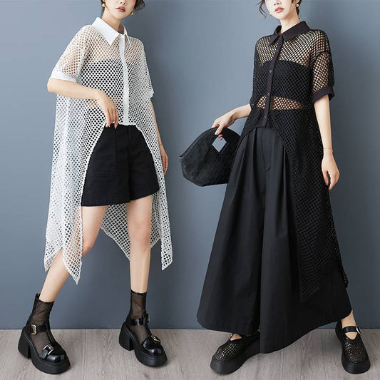 Niche Design Front Short Back Long Mesh Shirt See-through Hollow Dress