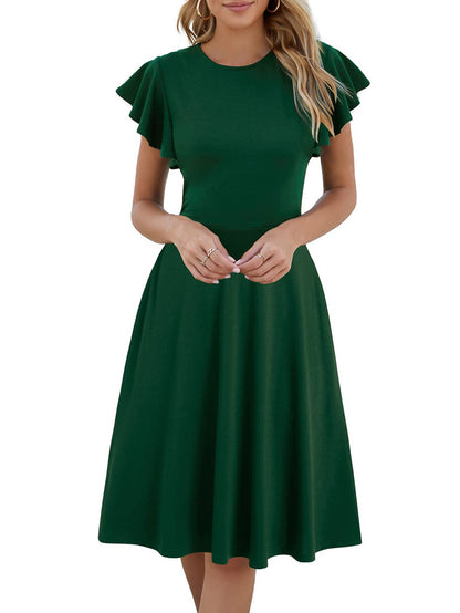 Short Sleeve Round Neck Elegant Ruffle Sleeve Solid Color Casual Mid-length Dress