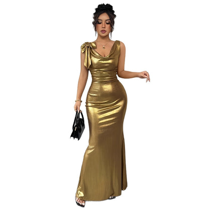 American Gold Deep V-neck Backless Slim Fit Long Dress