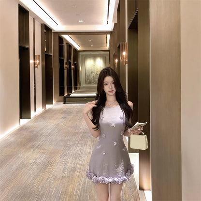 Retro Three-dimensional Flower Edge Sleeveless Waist Trimming Short Dress