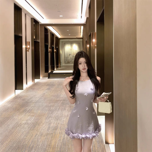 Retro Three-dimensional Flower Edge Sleeveless Waist Trimming Short Dress