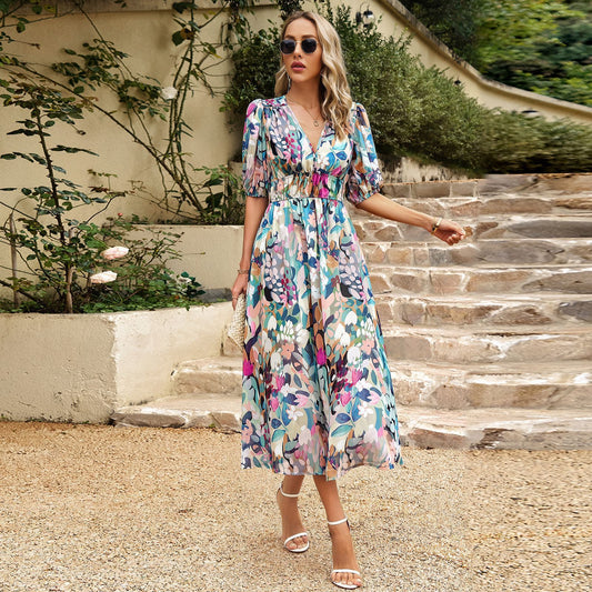 Elegant Summer Floral Print Dress With Deep V-neck Design And Waist Tie