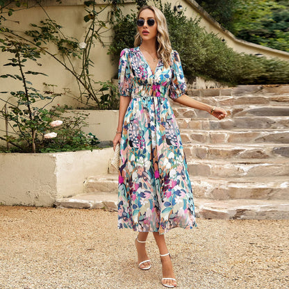Elegant Summer Floral Print Dress With Deep V-neck Design And Waist Tie