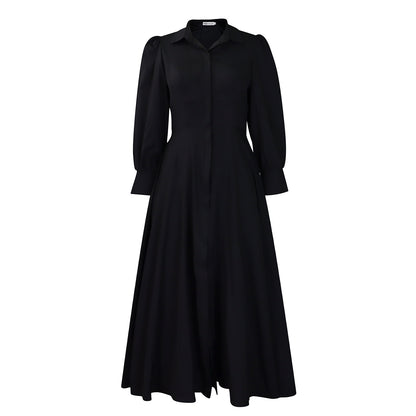 Women's Elegant Long Sleeve Big Hem Shirt Solid Color Dress