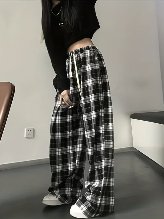 Stylish Plaid Drawstring Pants - Comfortable Loose Fit for Spring & Fall - Adjustable Waist, Versatile Womens Clothing