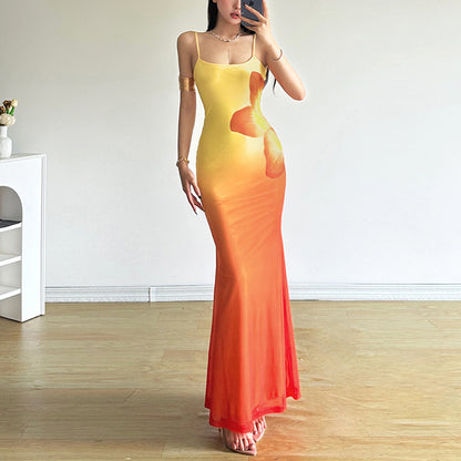 Pure Desire Wind Three-dimensional Gradient Flower Fishtail Sheath Dress