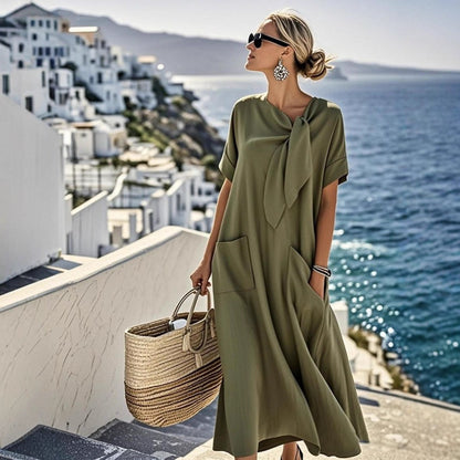 Elegant Short Sleeve Bow Pocket Wide Hem Loose Long Dress