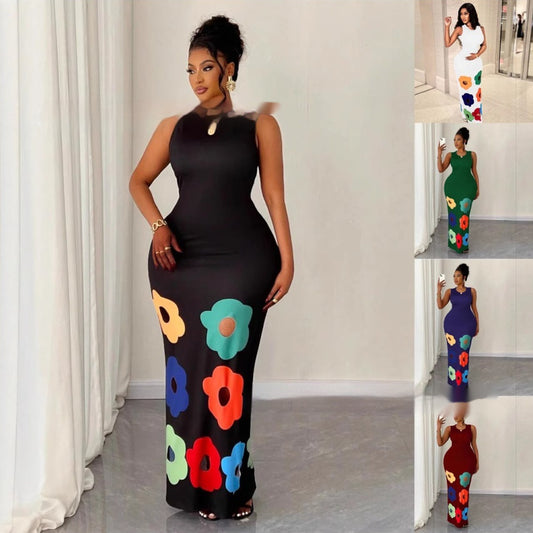 Summer New Fashion Round Neck Sleeveless Printed Hollow Dress Women