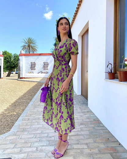 Top Selling V-neck Short Sleeved Dress - Floral Print Pleated Detail Women's Casual Summer Dress