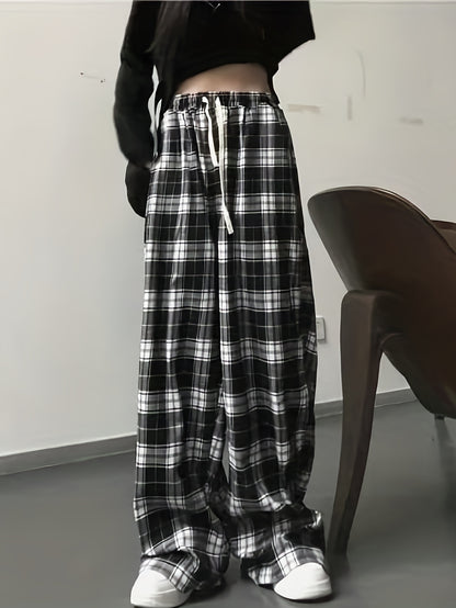 Stylish Plaid Drawstring Pants - Comfortable Loose Fit for Spring & Fall - Adjustable Waist, Versatile Womens Clothing