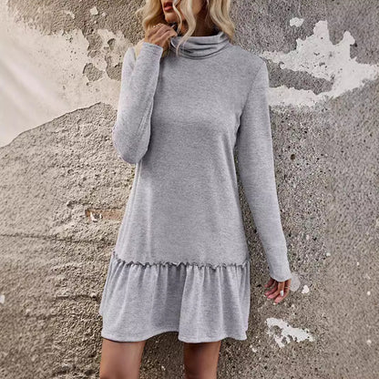 Women's Clothing Temperament Leisure Turtleneck Pure Color Ruffles Dress