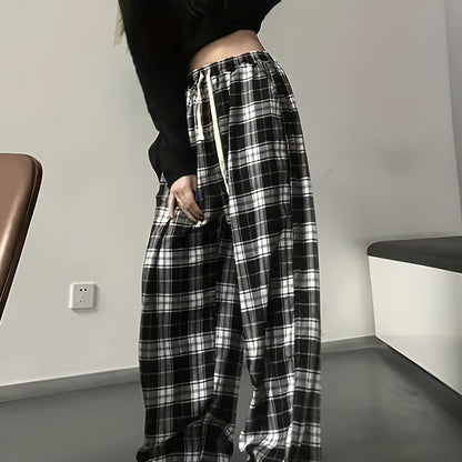 Stylish Plaid Drawstring Pants - Comfortable Loose Fit for Spring & Fall - Adjustable Waist, Versatile Womens Clothing