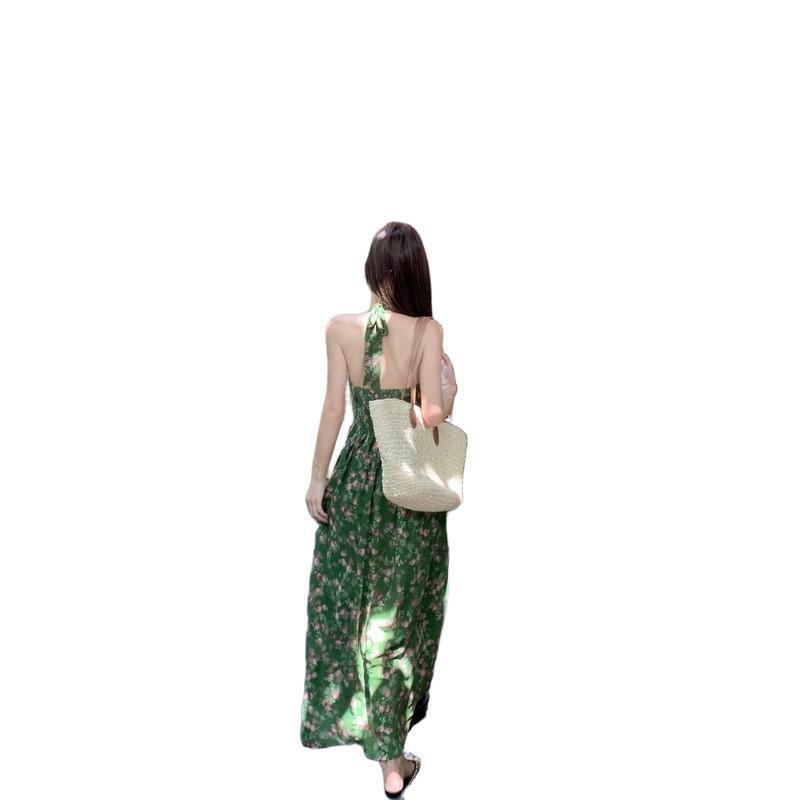 Retro Green Shivering Halter Vacation Style V-neck Tight Waist Dress