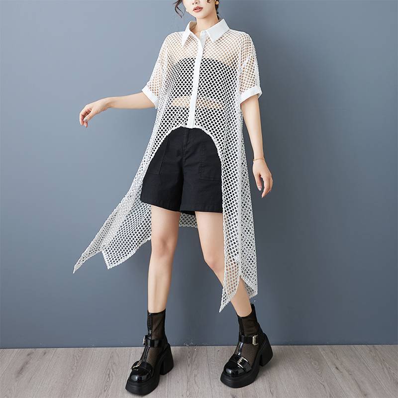 Niche Design Front Short Back Long Mesh Shirt See-through Hollow Dress