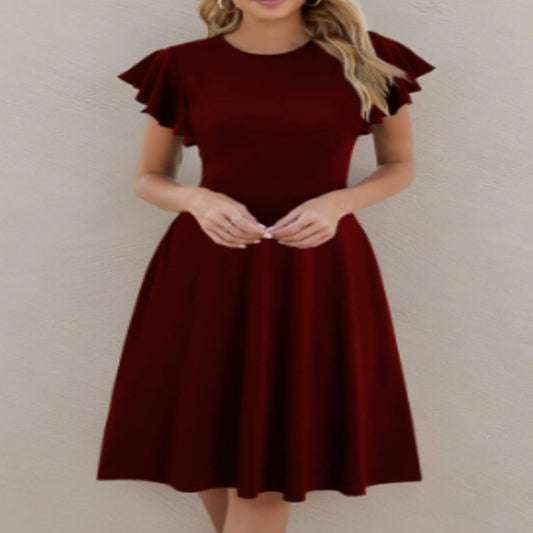 Short Sleeve Round Neck Elegant Ruffle Sleeve Solid Color Casual Mid-length Dress