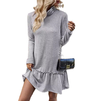 Women's Clothing Temperament Leisure Turtleneck Pure Color Ruffles Dress