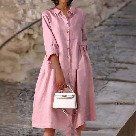Pure Cotton And Linen Solid Color Loose Pocket Dress